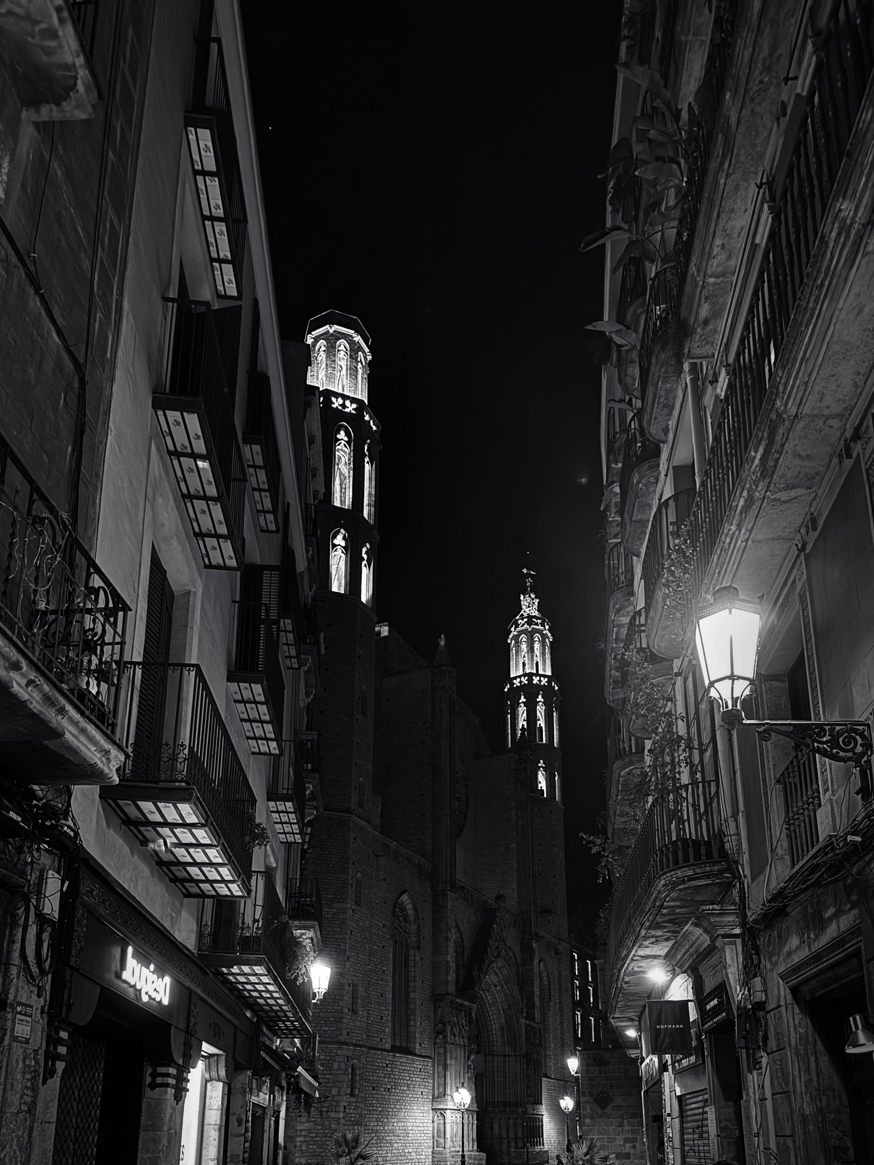 Gothic quarter alley with towers at night