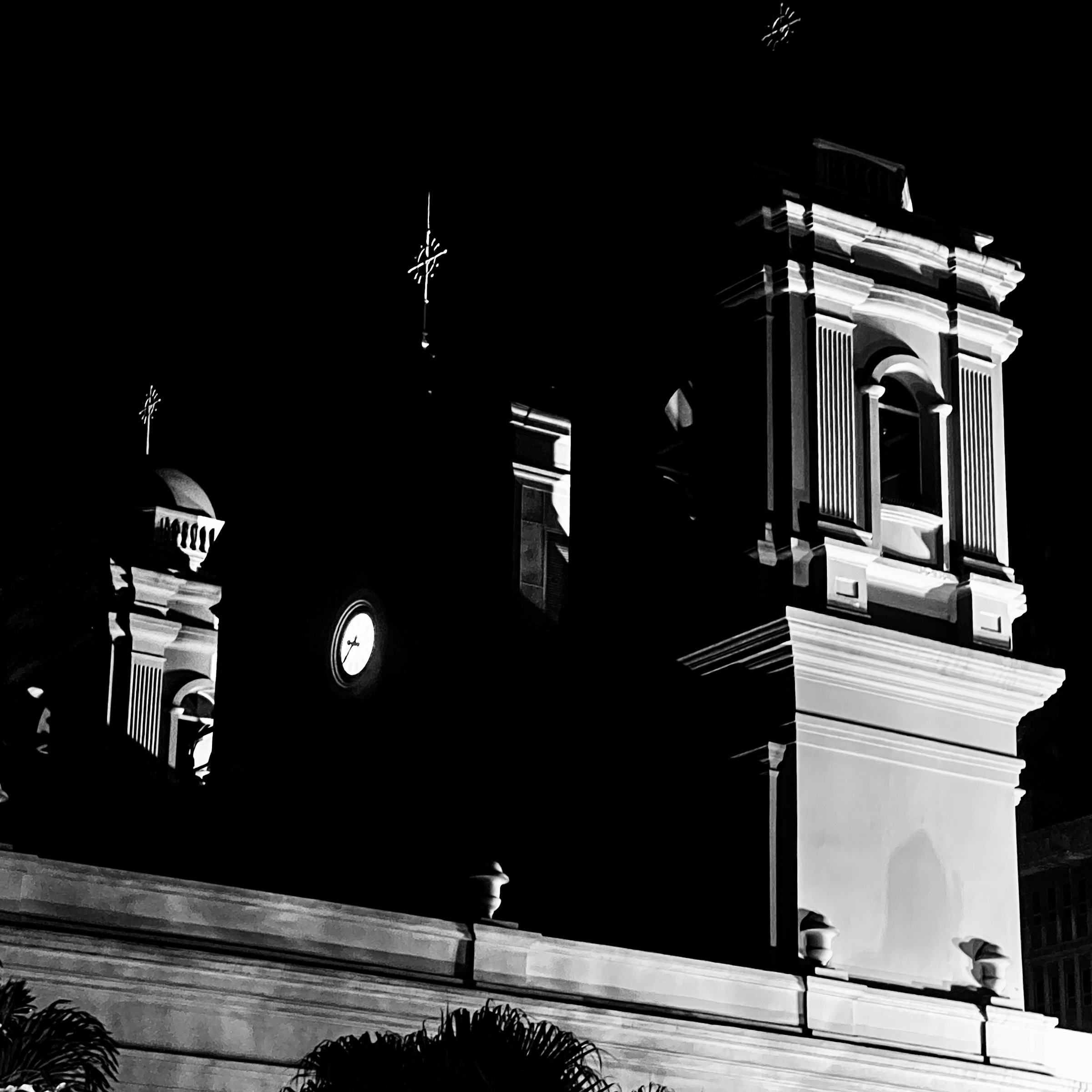 Church towers at night