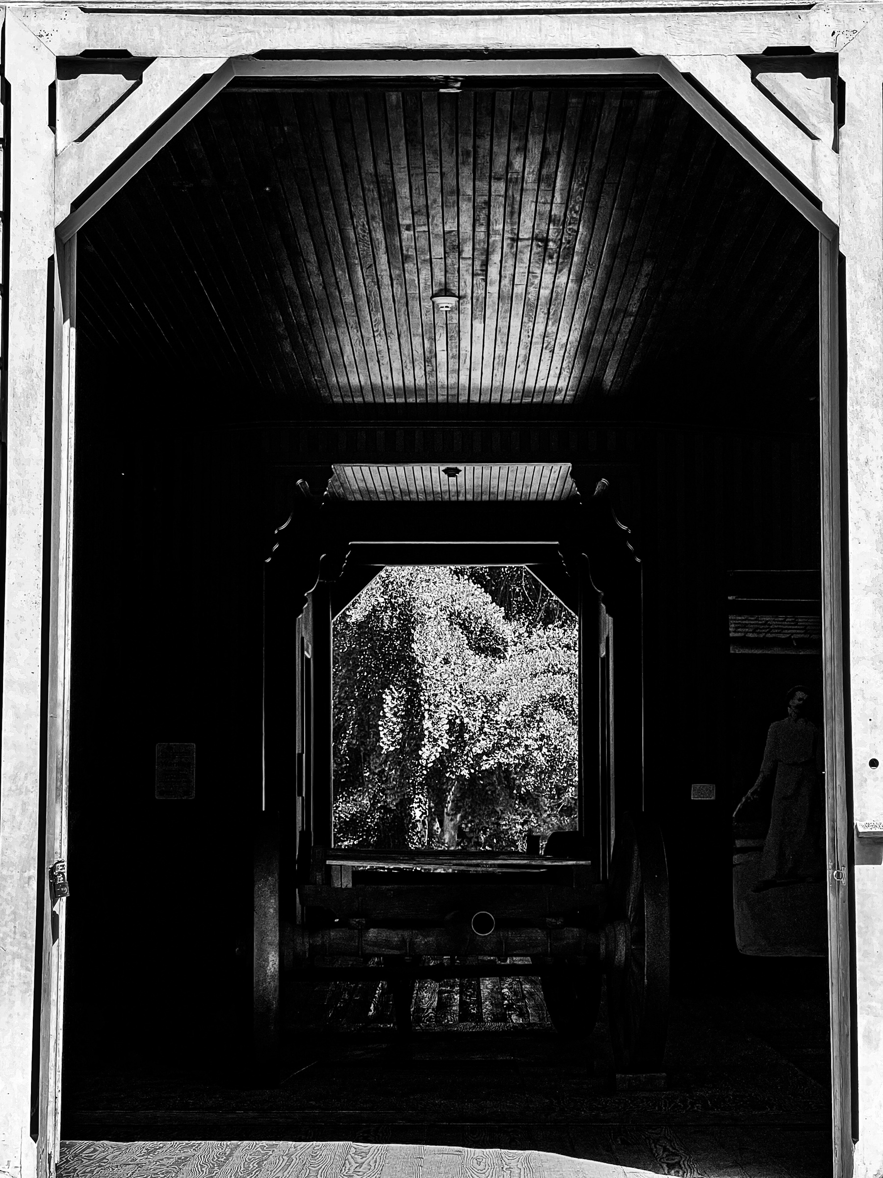 Looking through the interior of a historic barn — Arcadia Arboretum, California
