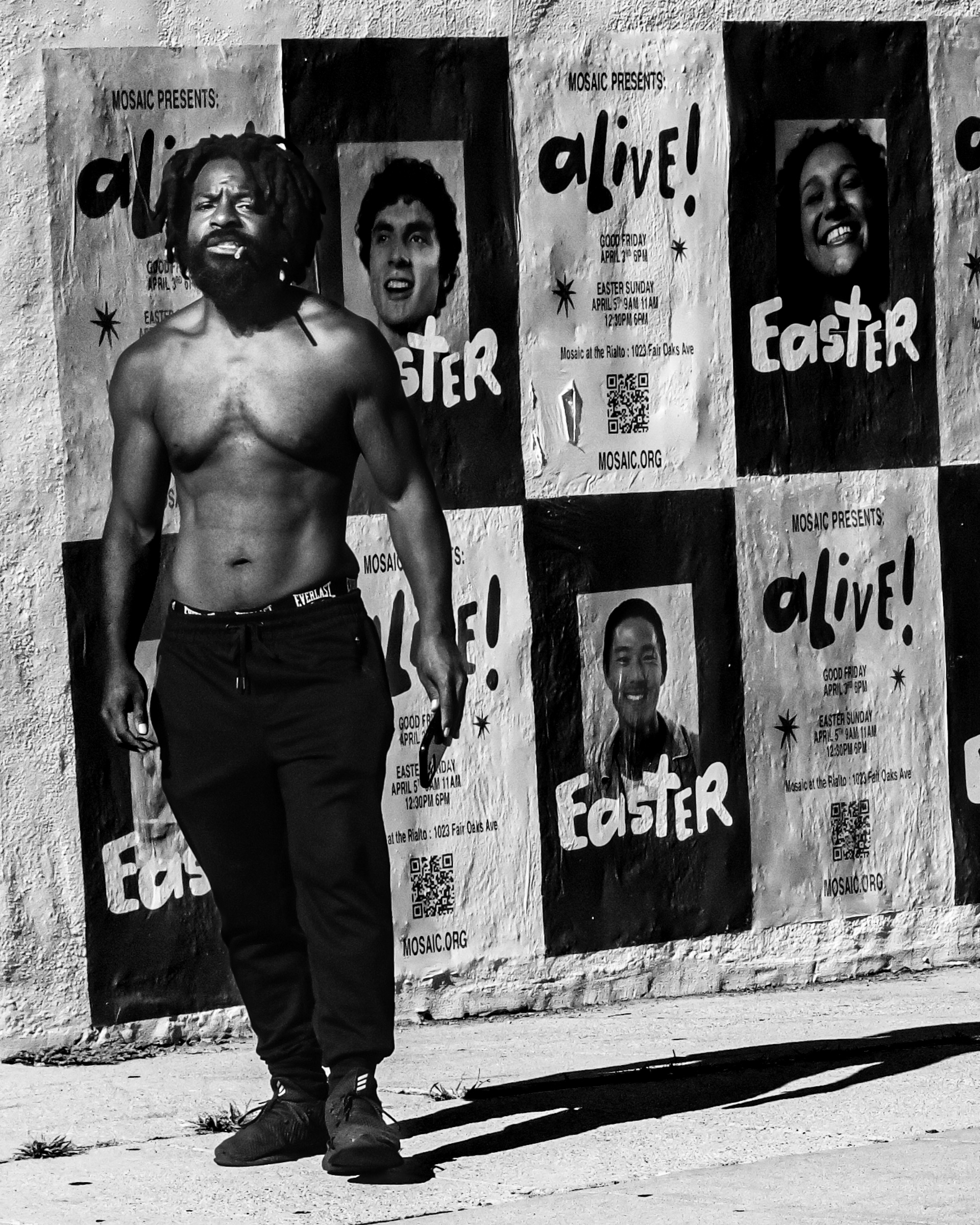 Man outside Mosaic church, close crop — South Pasadena, California