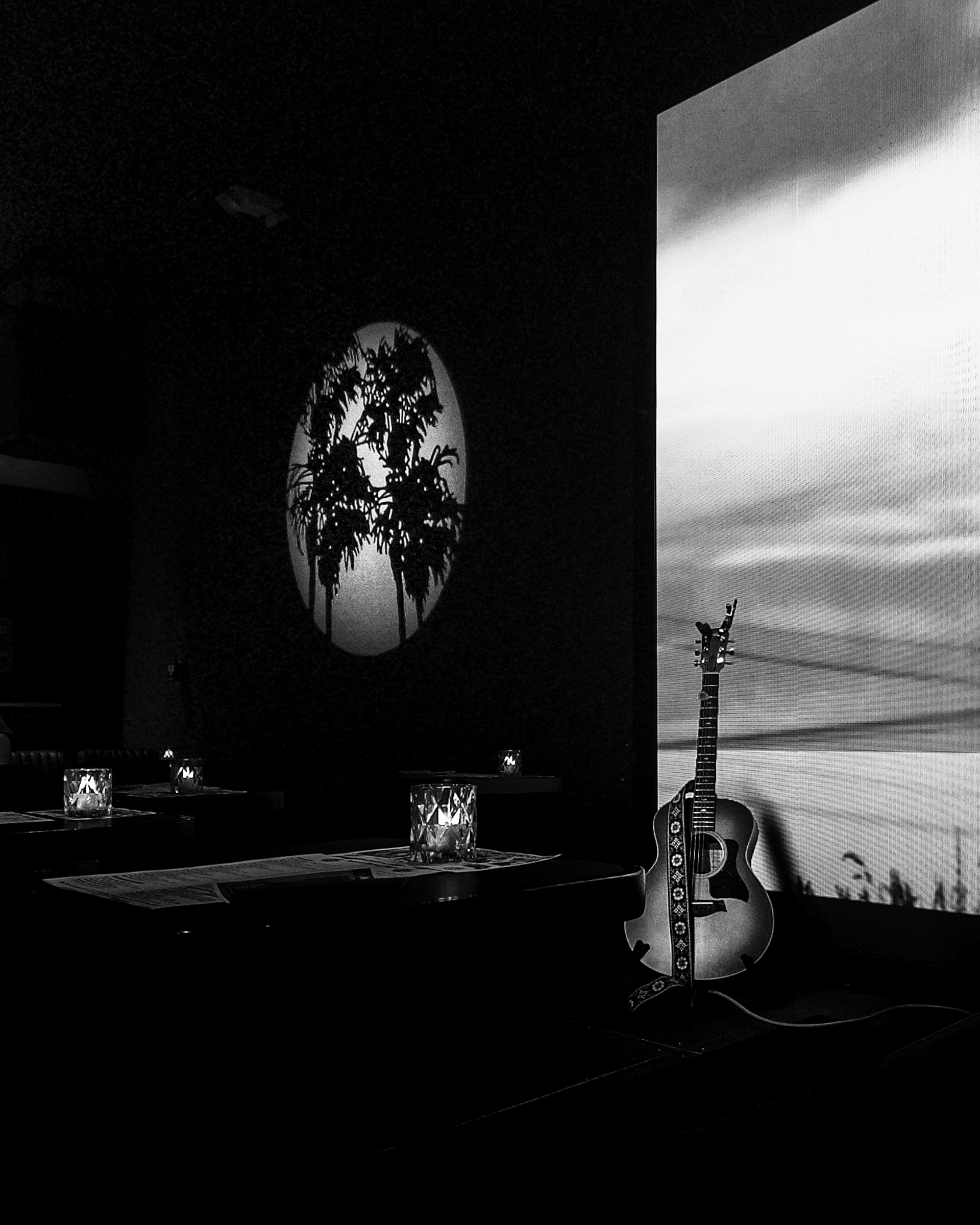 Close-up of a guitar with palm tree logo — Pasadena, California