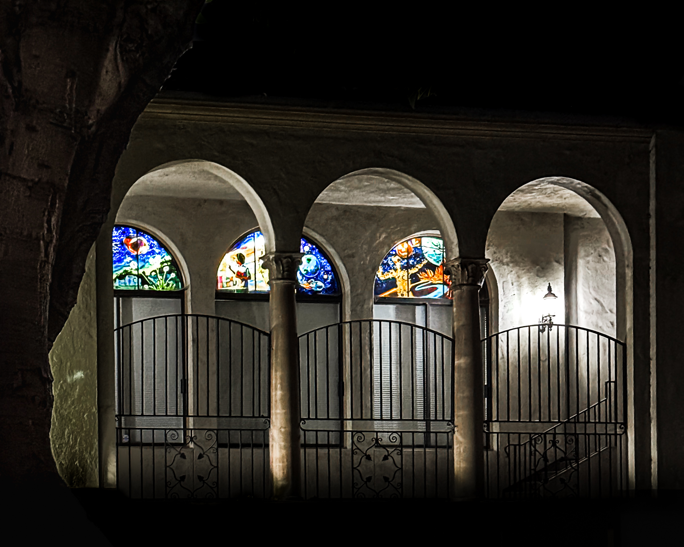 Stained glass window behind the South Pasadena library tree, landscape color — South Pasadena, California