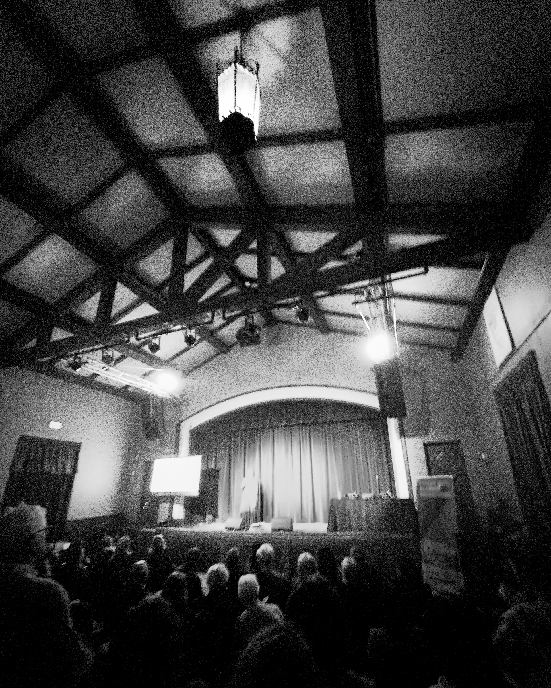 Looking up into the rafters of Sid the Cat Auditorium, right angle — South Pasadena, California