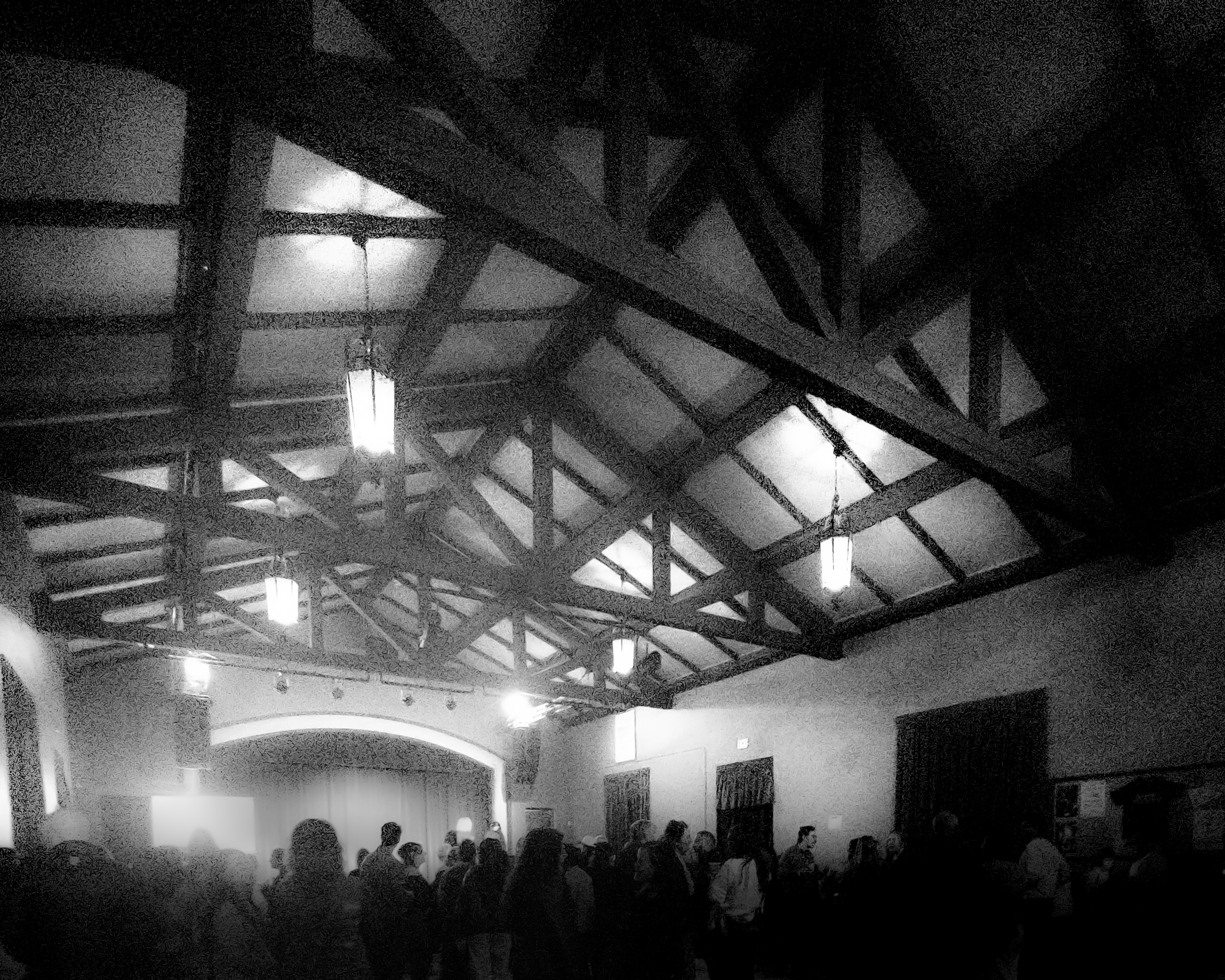 Looking up into the rafters of Sid the Cat Auditorium, left angle — South Pasadena, California