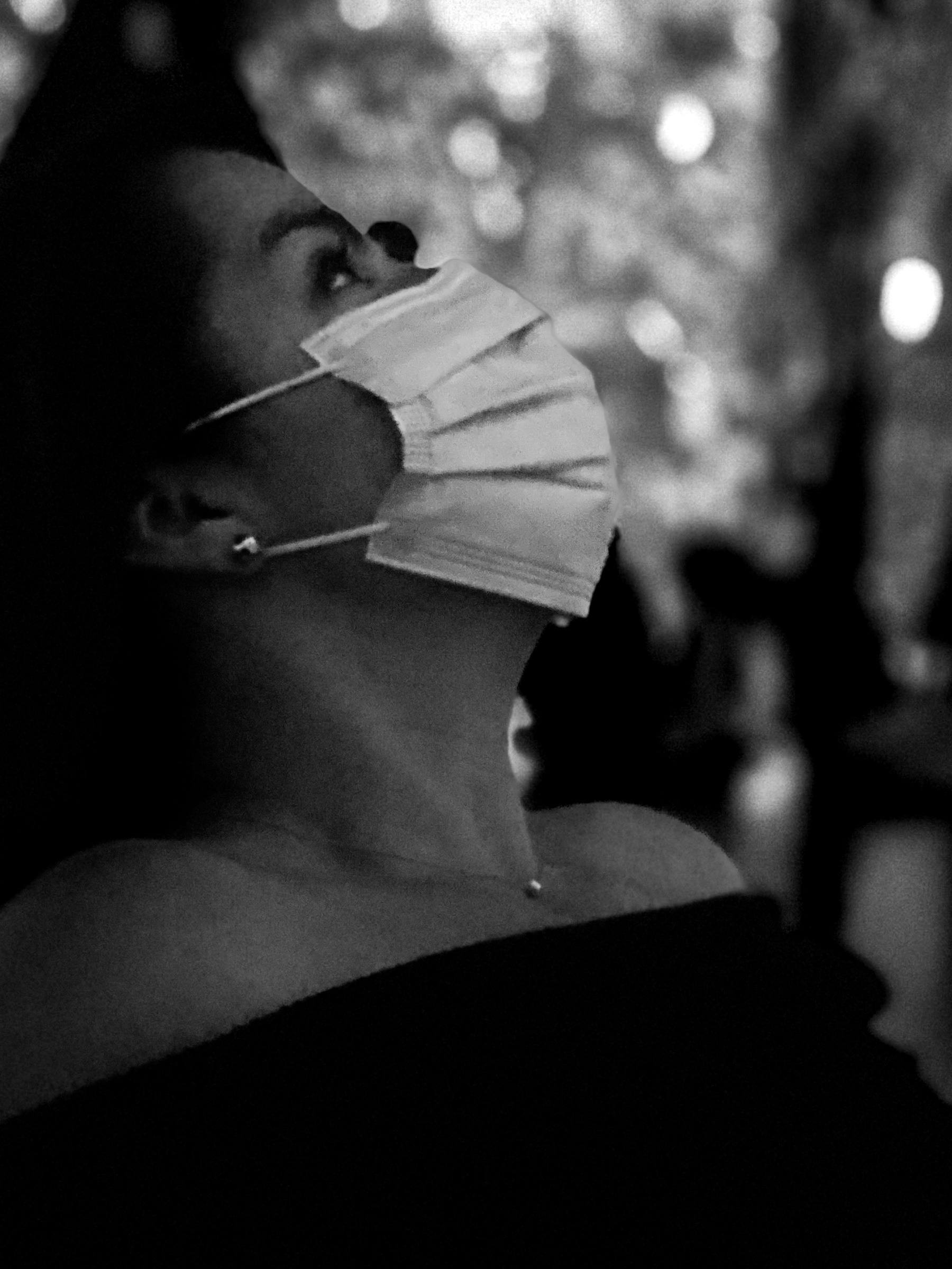 Sheila looking up in mask
